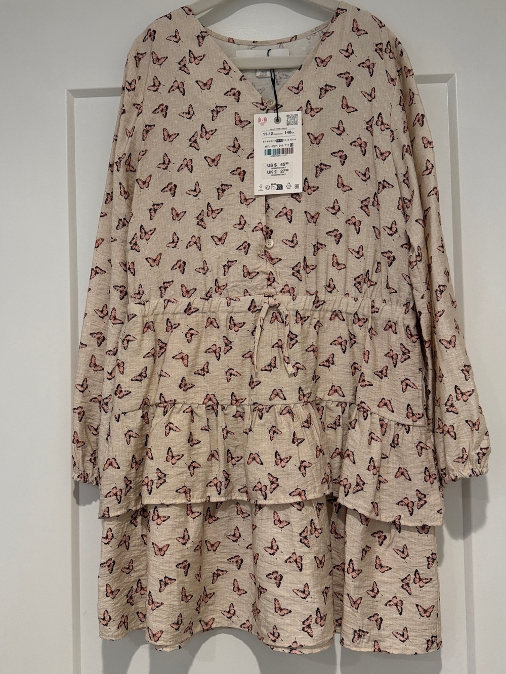 Zara Cream Dress with Pink Butterfly Print and Drawstring Waist